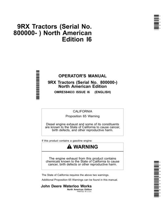 John Deere 9470RX, 9520RX, 9570RX & 9620RX (9RX) Tractors Operator’s Manual (OMRE584633) Workshop Guide
