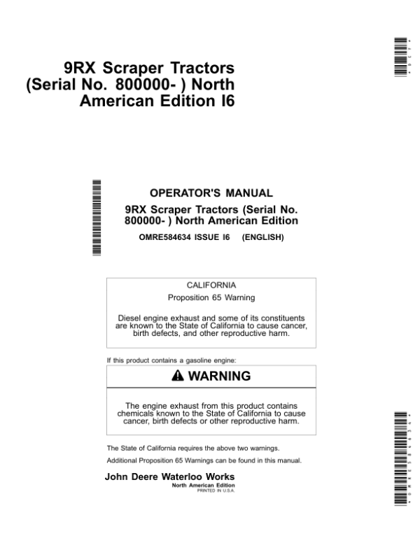 John Deere 9470RX, 9520RX & 9570RX (9RX) Scraper Tractors Operator’s Manual (OMRE584634) Workshop Guide