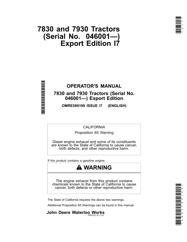 John Deere 7830 & 7930 Tractors Operator’s Manual (OMRE589199) Workshop Guide