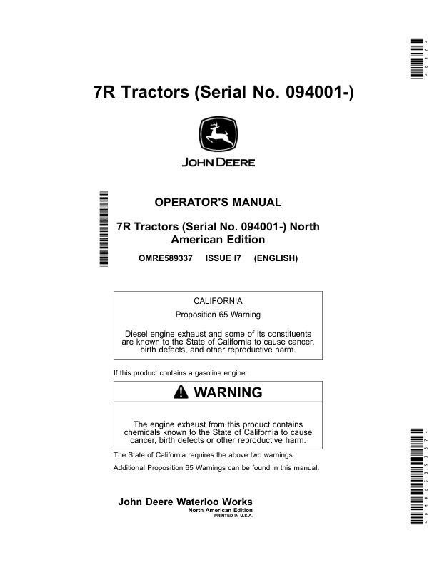 John Deere 7210R, 7230R, 7250R, 7270R, 7290R & 7310R Tractors Operator’s Manual (OMRE589337) Workshop Guide