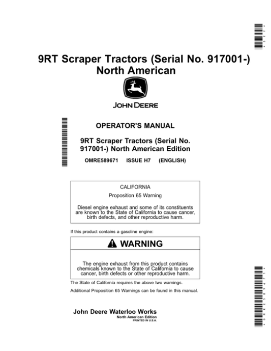 John Deere 9470RT, 9520RT & 9570RT Scraper Tractors Operator’s Manual (OMRE589671) Workshop Guide