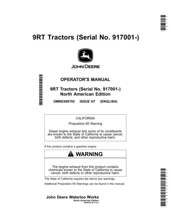 John Deere 9470RT, 9520RT & 9570RT Tractors Operator’s Manual (OMRE589705) Workshop Guide