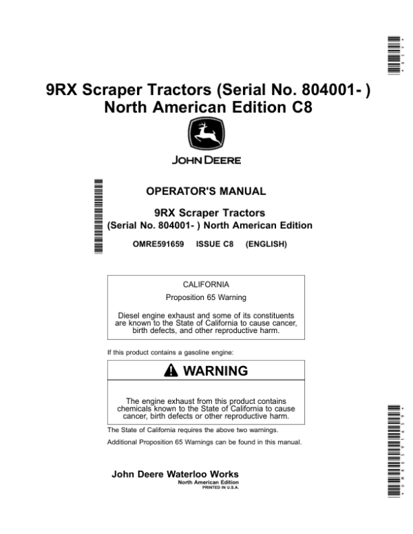 John Deere 9470RX, 9520RX & 9570RX Scraper Tractors Operator’s Manual (OMRE591659) Workshop Guide