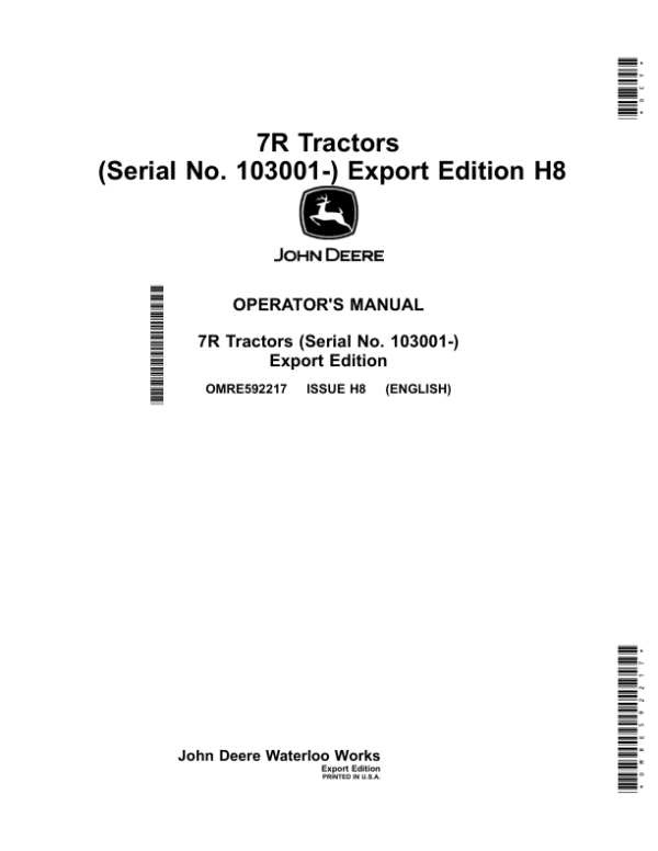 John Deere 7210R, 7230R, 7250R, 7270R, 7290R & 7310R Tractors Operator’s Manual (OMRE592217) Workshop Guide