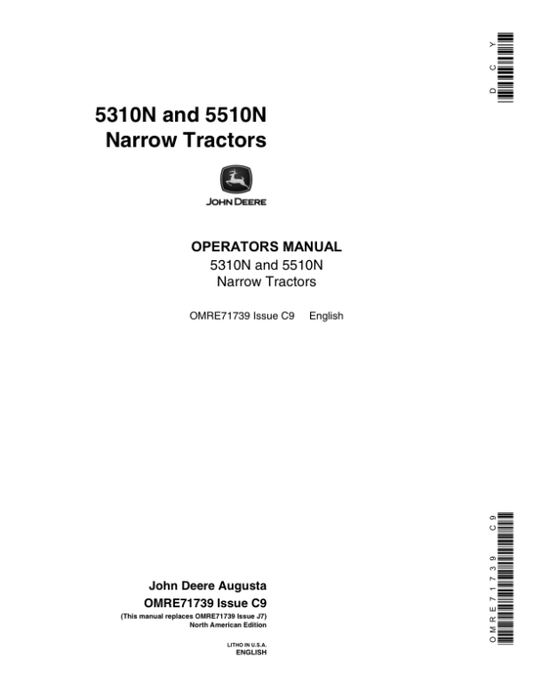 John Deere 5310N, 5510N Narrow Tractors Operator’s Manual (OMRE71739) Workshop Guide