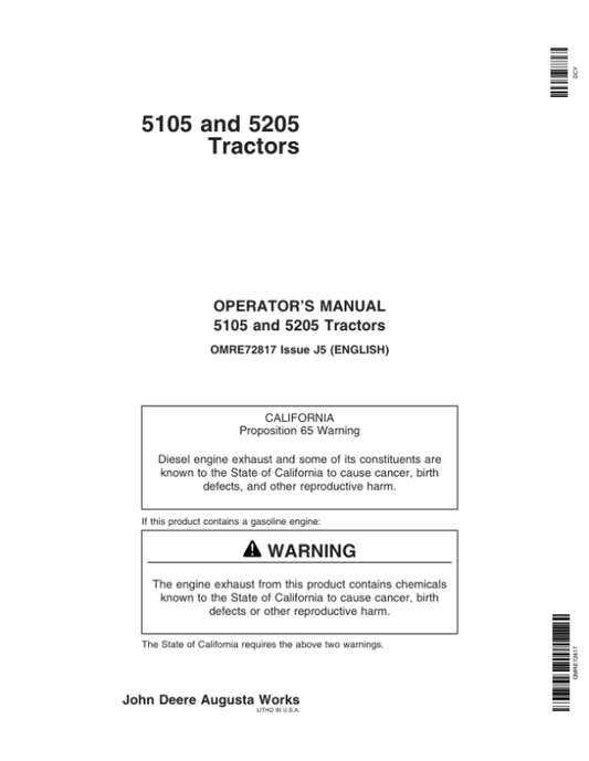 John Deere 5105, 5205 Tractors Operator’s Manual (OMRE72817) Workshop Guide