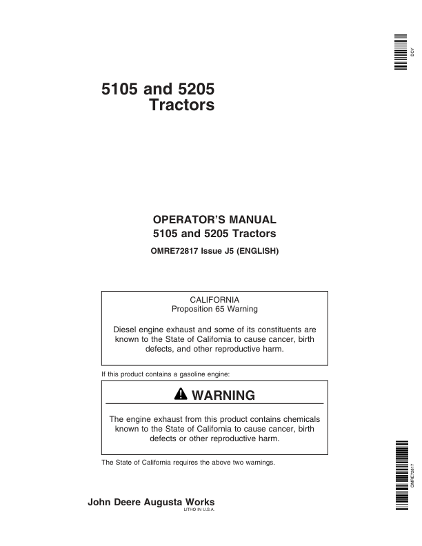 John Deere 5105, 5205 Tractors Operator’s Manual (OMRE72817) Workshop Guide