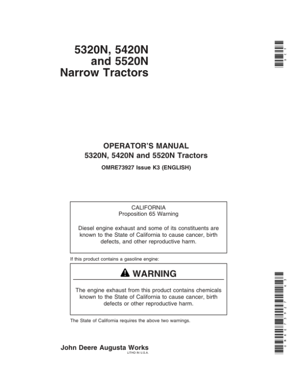 John Deere 5320N, 5420N & 5520N Tractors North America Operator’s Manual (OMRE73927) Workshop Guide