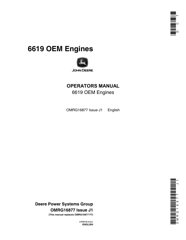 John Deere 6619 OEM Engines – 6619A Operator’s Manual (OMRG16877) Workshop Guide