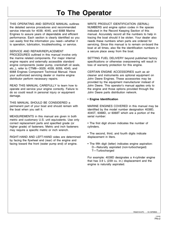 John Deere 300 Series 4039, 4045, 6068 Marine Engines Operator’s Manual (OMRG20144) Workshop Guide