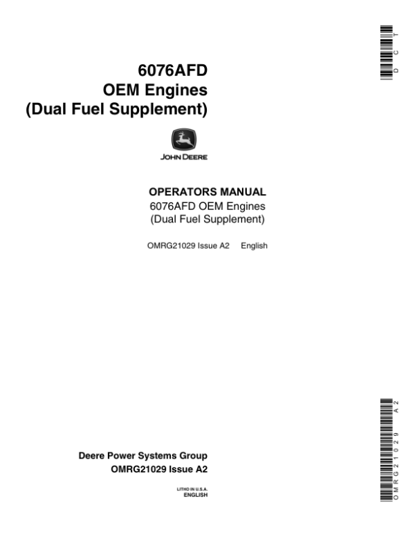 John Deere 6076 Duel Fuel OEM Engines Operator’s Manual (OMRG21029) Workshop Guide