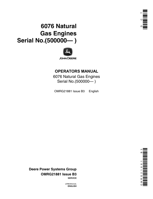 John Deere 6076 Natural Gas Engines Operator’s Manual (OMRG21881) Workshop Guide