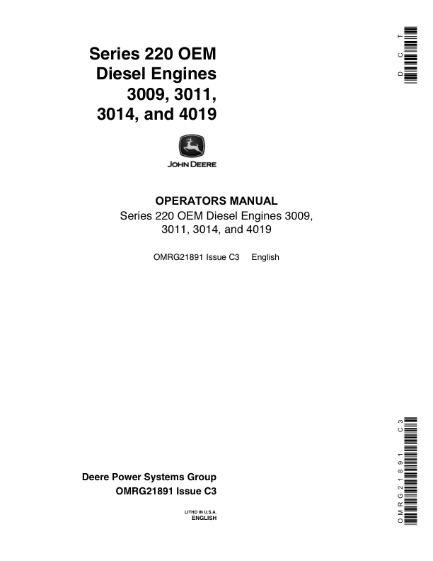 John Deere Series 220 3009, 3011, 3014 & 4019 OEM Diesel Engines Operator’s Manual (OMRG21891) Workshop Guide