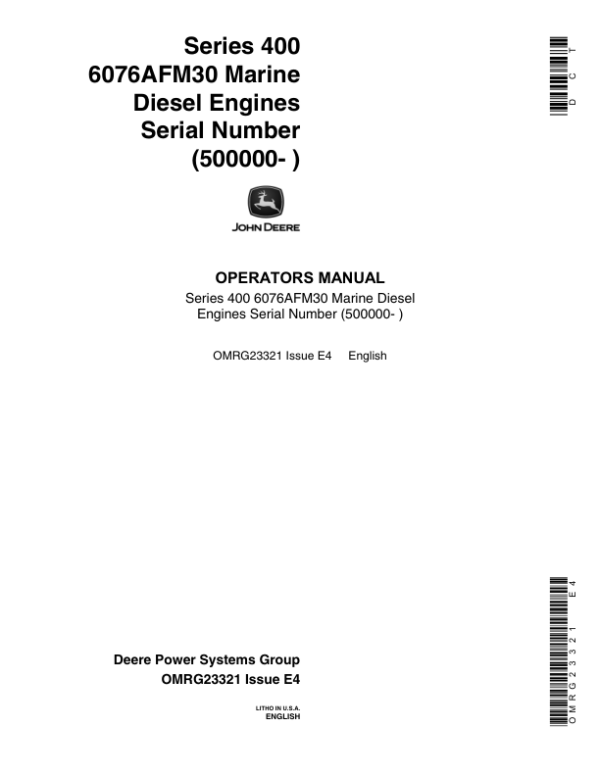 John Deere 6076AFM30 Marine Diesel Engines – Series 400 Operator’s Manual (OMRG23321) Workshop Guide
