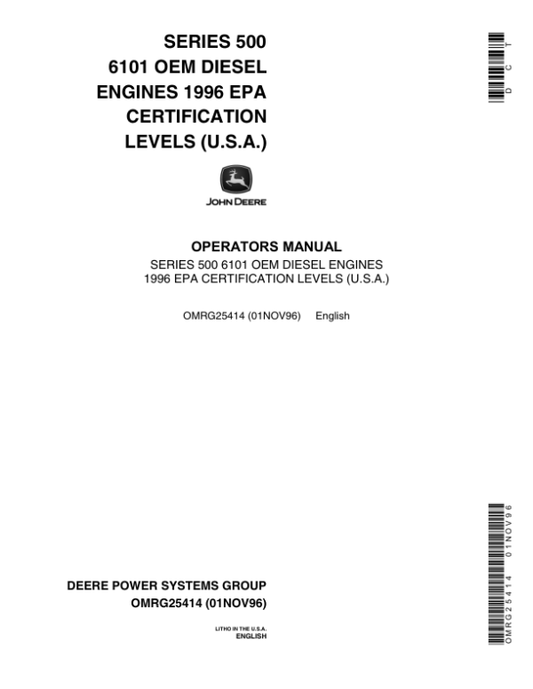 John Deere 6101 OEM Diesel Engines Operator’s Manual (OMRG25414) Workshop Guide