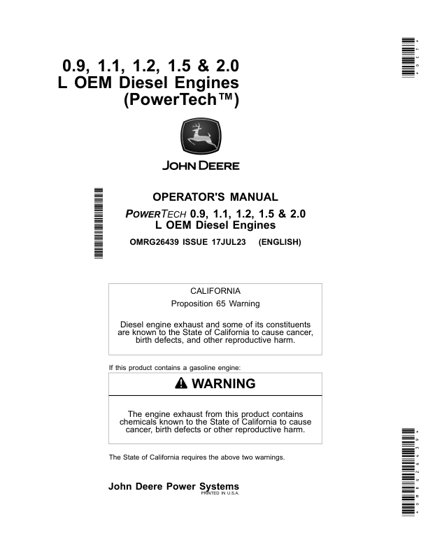 John Deere 0.9, 1.1, 1.2, 1.5 & 2.0 L OEM Diesel Engines Operator’s Manual (OMRG26439) Workshop Guide