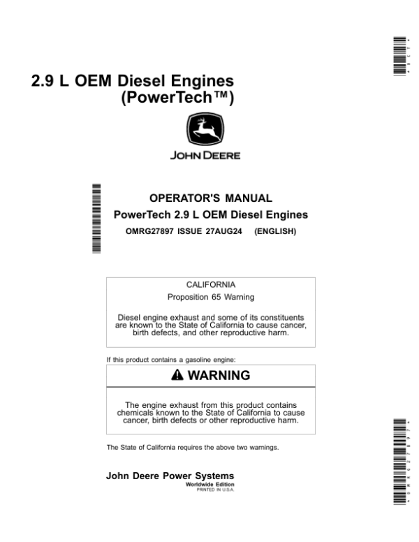 John Deere 2.9 L OEM Diesel Engines (PowerTech) Operator’s Manual (OMRG27897) Workshop Guide