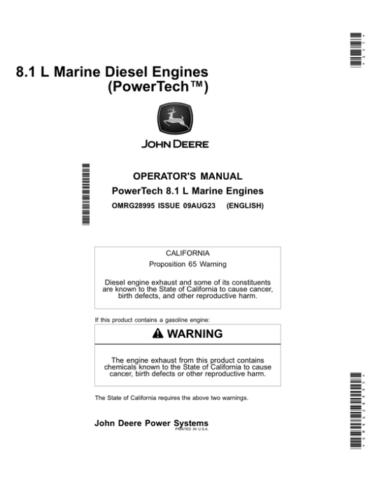 John Deere PowerTech 8.1L 6081 Marine Diesel Engines Operator’s Manual (OMRG28995) Workshop Guide