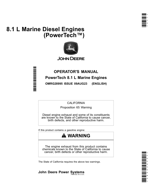 John Deere PowerTech 8.1L 6081 Marine Diesel Engines Operator’s Manual (OMRG28995) Workshop Guide