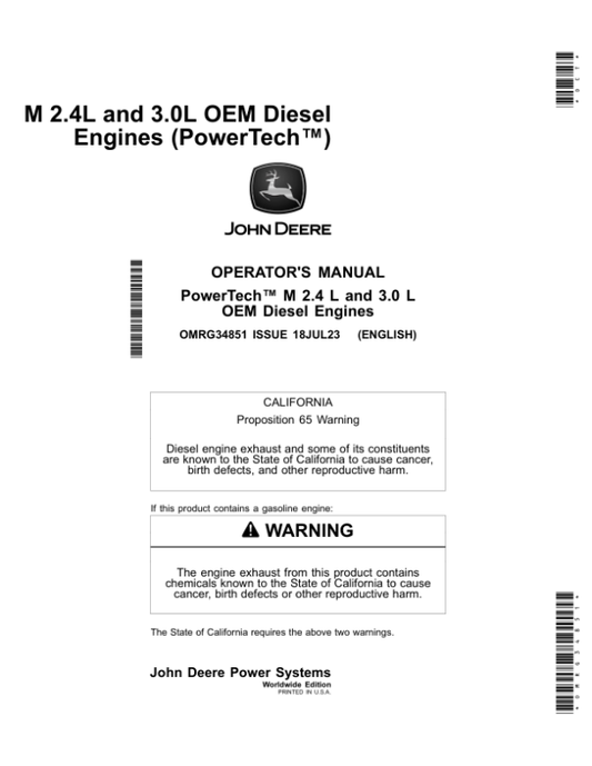 John Deere PowerTech M 2.4 L, 3.0 L OEM Diesel Engines Operator’s Manual (OMRG34851) Workshop Guide