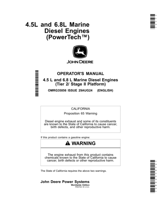 John Deere 4.5L, 6.8L Marine Diesel Engines (PowerTech) Operator’s Manual (OMRG35856) Workshop Guide