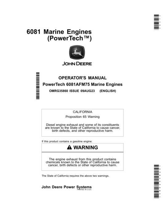 John Deere PowerTech 6081AFM75 Marine Engines Operator’s Manual (OMRG35860) Workshop Guide