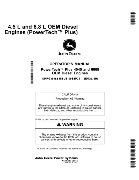 John Deere 4.5 L, 6.8 L OEM Diesel Engines (PowerTech Plus) Operator’s Manual (OMRG36852) Workshop Guide