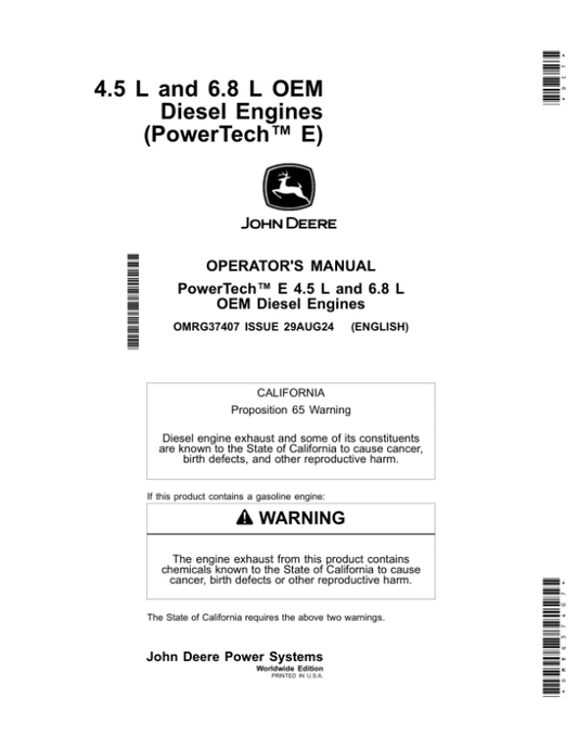 John Deere 4.5 L, 6.8 L OEM Diesel Engines (PowerTech E) Operator’s Manual (OMRG37407) Workshop Guide