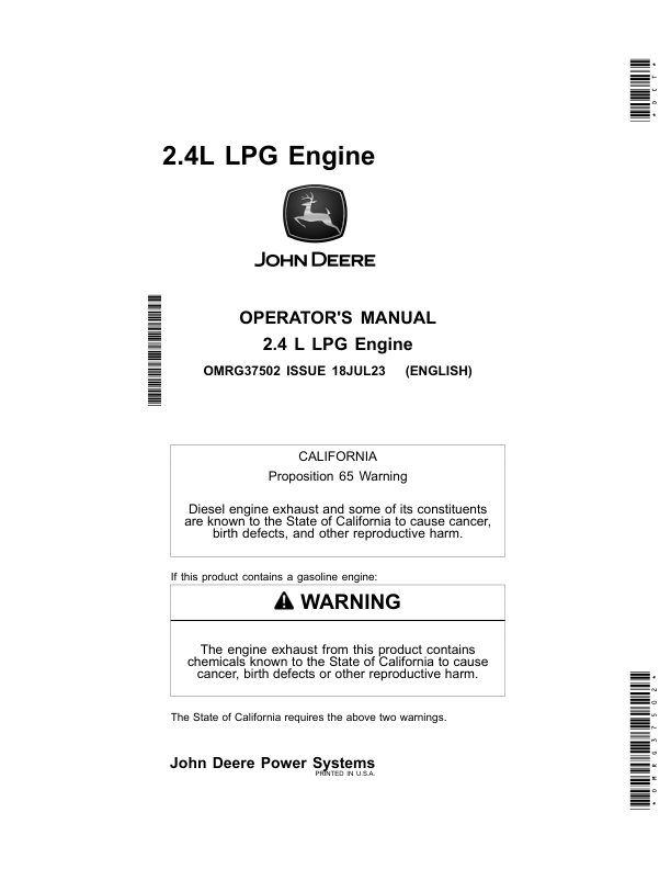 John Deere 2.4 L 4024DFN70LPG Engine Operator’s Manual (OMRG37502) Workshop Guide