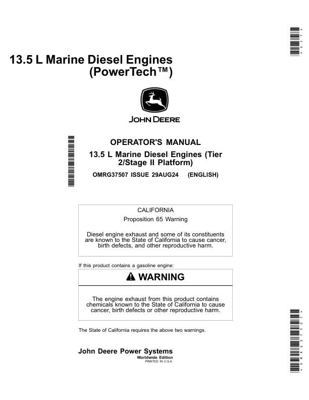 John Deere 13.5 L Marine Diesel Engines (PowerTech) Operator’s Manual (OMRG37507) Workshop Guide
