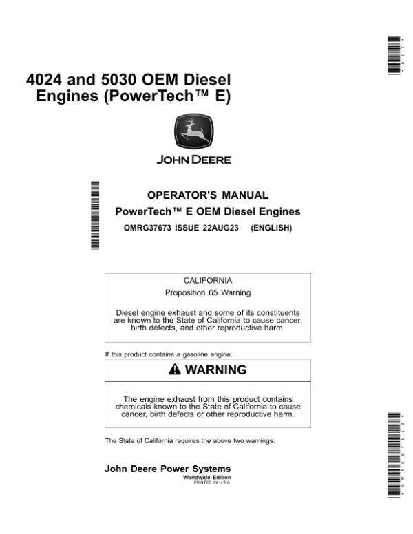 John Deere PowerTech E 4024 HF285/HF295 & 5030 HF285 OEM Diesel Engines Operator’s Manual (OMRG37673) Workshop Guide