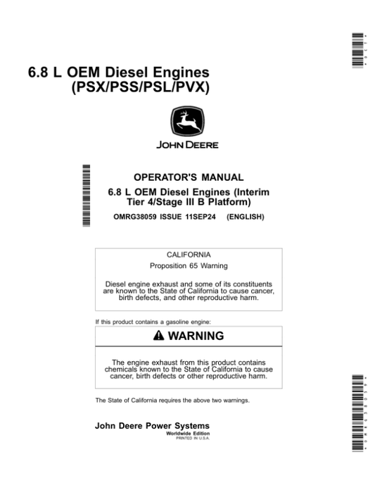 John Deere 6.8 L OEM Diesel Engines (PSX/PSS/PSL/PVX) Operator’s Manual (OMRG38059) Workshop Guide