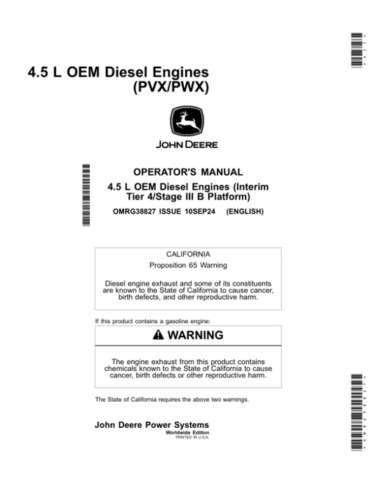 John Deere 4.5 L OEM Diesel Engines (PVX/PWX) Operator’s Manual (OMRG38827) Workshop Guide