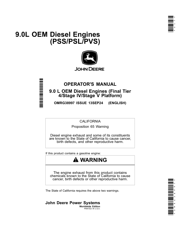 John Deere 9.0L OEM Diesel Engines (PSS/PSL/PVS) Operator’s Manual (OMRG38997) Workshop Guide