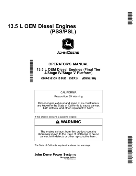 John Deere 13.5 L OEM Diesel Engines (Final Tier 4/Stage IV/Stage V Platform) Operator’s Manual (OMRG39305) Workshop Guide