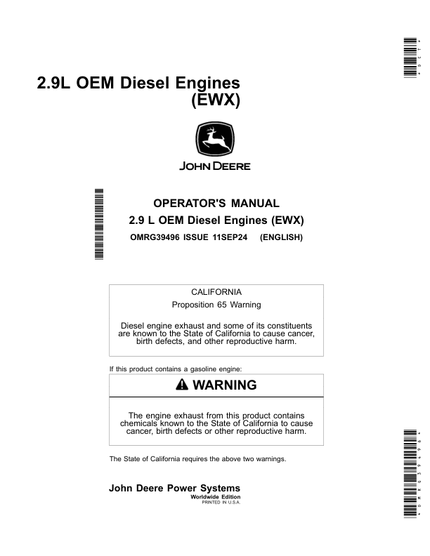 John Deere 2.9L OEM Diesel Engines (EWX) Operator’s Manual (OMRG39496) Workshop Guide