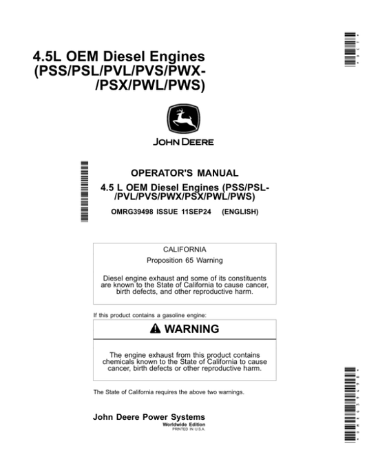 John Deere 4.5 L OEM Diesel Engines (PSS/PSL/PVL/PVS/PWX/PSX/PWL/PWS) Operator’s Manual (OMRG39498) Workshop Guide