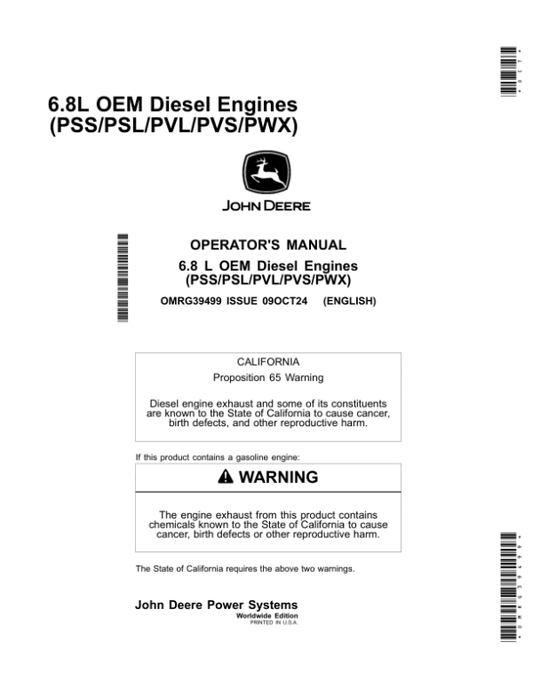 John Deere 6.8L OEM Diesel Engines(PSS/PSL/PVL/PVS/PWX) Operator’s Manual (OMRG39499) Workshop Guide