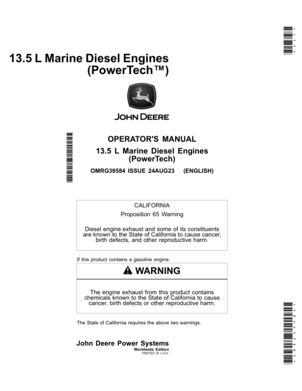 John Deere 13.5 L Marine Diesel Engines (PowerTech) (Worldwide Edition) Operator’s Manual (OMRG39584) Workshop Guide