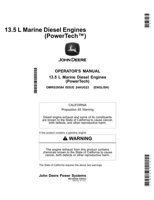 John Deere 13.5 L Marine Diesel Engines (PowerTech) (Worldwide Edition) Operator’s Manual (OMRG39584) Workshop Guide