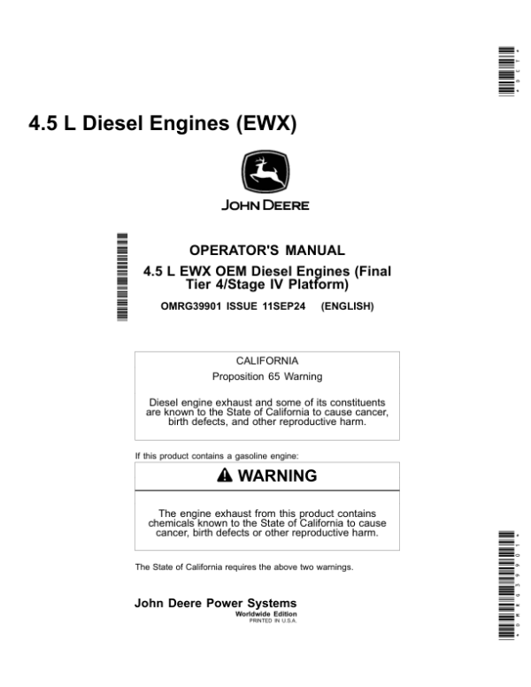 John Deere 4.5 L Diesel Engines (EWX) Operator’s Manual (OMRG39901) Workshop Guide