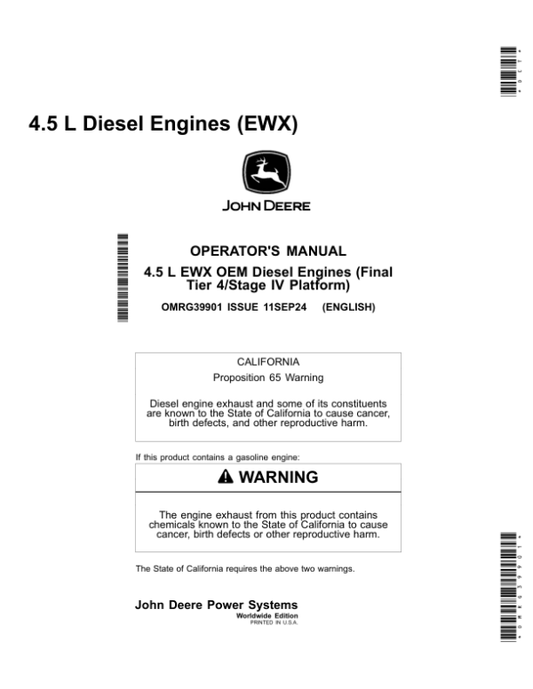 John Deere 4.5 L Diesel Engines (EWX) Operator’s Manual (OMRG39901) Workshop Guide