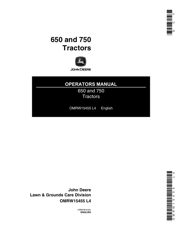 John Deere 650, 750 Tractors Operator’s Manual (OMRW15455) Workshop Guide