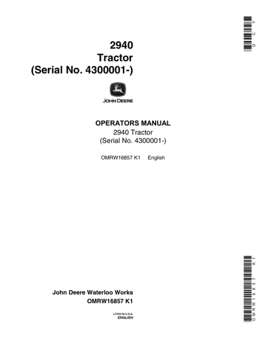 John Deere 2940 Tractors Operator’s Manual (OMRW16857) Workshop Guide
