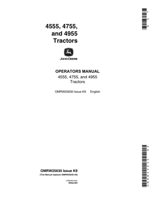 John Deere 4555, 4755, 4955 Tractors Operator’s Manual (OMRW25630) Workshop Guide