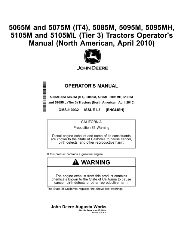 John Deere 5065M, 5075M (IT4), 5085M, 5095M, 5095MH, 5105M, 5105ML (Tier 3) Tractors (April 2010-) Operator’s Manual (OMSJ10032) Workshop Guide
