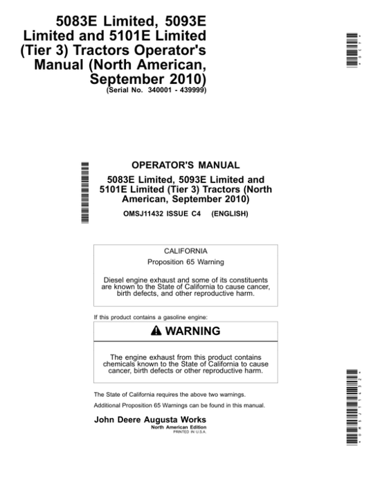 John Deere 5083E Limited, 5093E Limited, 5101E Limited (Tier3) Tractors (September 2010) (340001-439999) Operator’s Manual (OMSJ11432) Workshop Guide