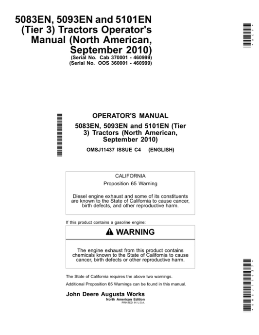 John Deere 5083EN, 5093EN, 5101EN (Tier 3) Tractors (OOS 360001-4609999) (Cab 370001-460999) (September 2010) Operator’s Manual (OMSJ11437) Workshop Guide