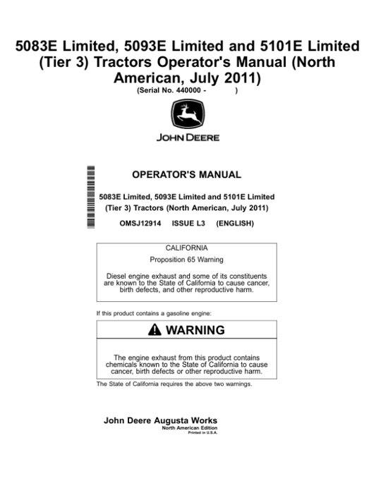 John Deere 5083E Limited, 5093E Limited, 5101E Limited (Tier 3) Tractors (July 2011) (440000-), Operator’s Manual (OMSJ12914) Workshop Guide