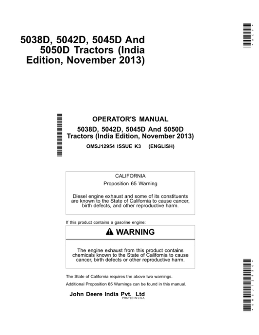 John Deere 5038D, 5042D, 5045D, 5050D Tractors Operator’s Manual (OMSJ12954) Workshop Guide